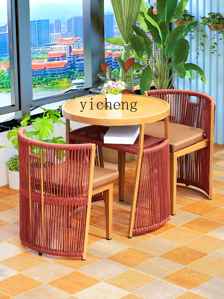 Tqh Balcony Small Table and Chair Leisure Internet Celebrity Rattan Chair Three-Piece Set Combination a Table with Two Chairs