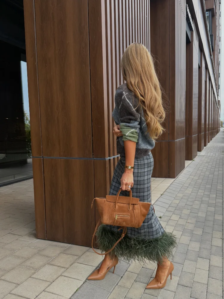 Women Argyle Knit Sweater Plaid Midi Skirt Set Women's Faux Fur Hem Trim 2 Piece Outfit 2026 Autumn Winter Elegant Commute Wear