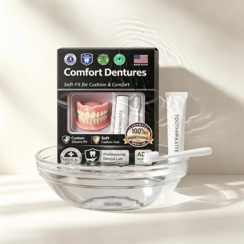 1 Set Upper & Lower Natural Ivory False Teeth Sets Moldable Silicone Denture Kit Instant Smile With Free Toothbrush & Toothpaste