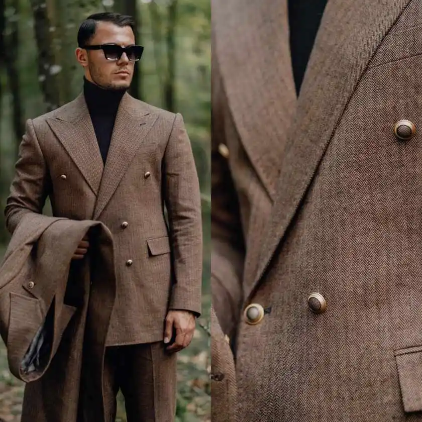Harringbone Men Suits Set 2 Piece Blazer Pant Double Breasted Peaked Collar Formal Office Occasion Commuting Customized