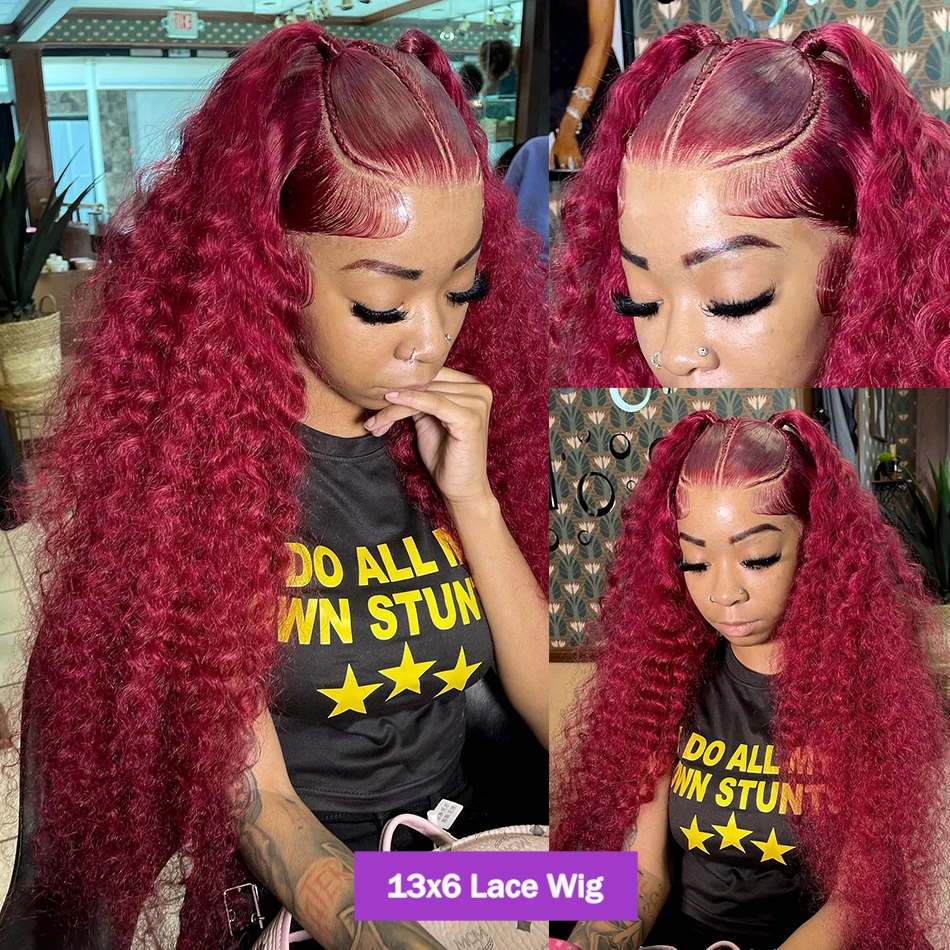 200% Brazilian 99J Burgundy 13x4 Deep Wave Frontal Wig Human Hair 30 inch Red Colored Curly 13x6 HD Lace Front Wigs For Women