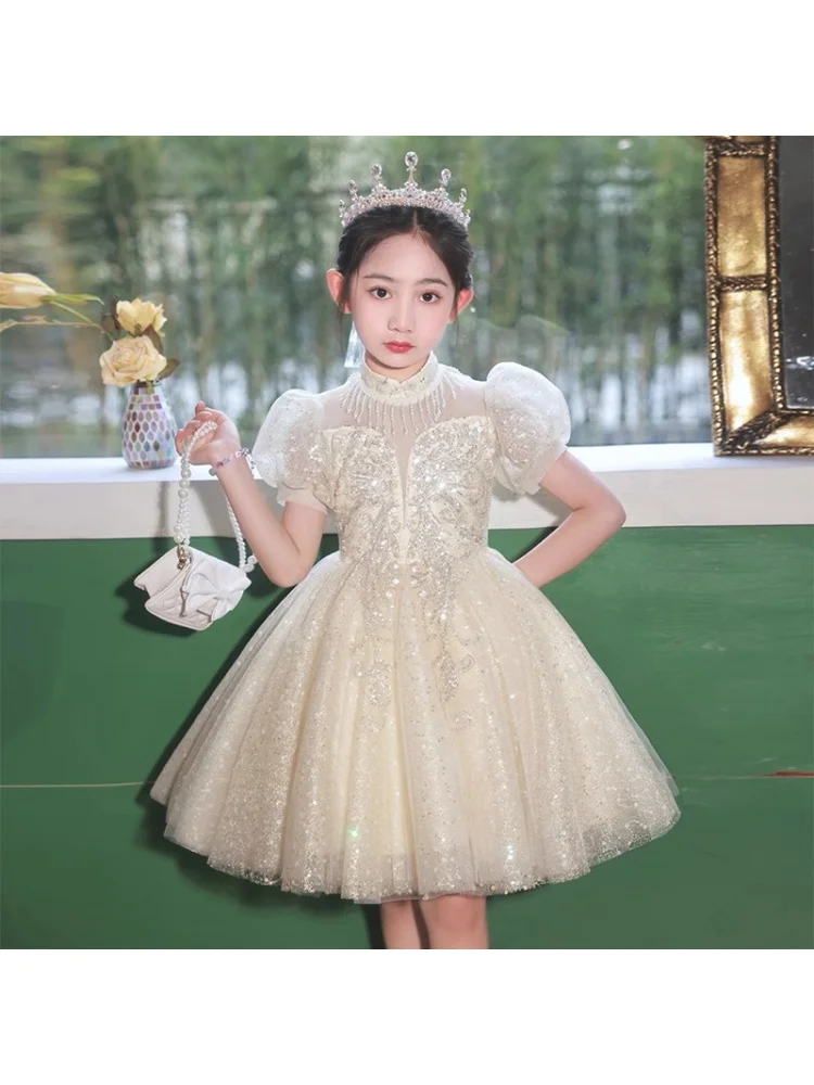 Girl\'s Dress Light Luxury Minority Costume for Piano Performance Host Flower Girl Ball Dress