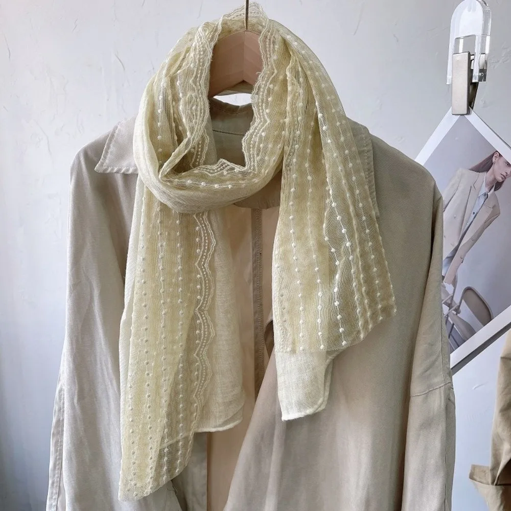

Versatile Retro Flaxen Lace Scarf Solid Color Thin Cotton Linen Scarf Embroidered Flower Long Sunscreen Shawl for Women