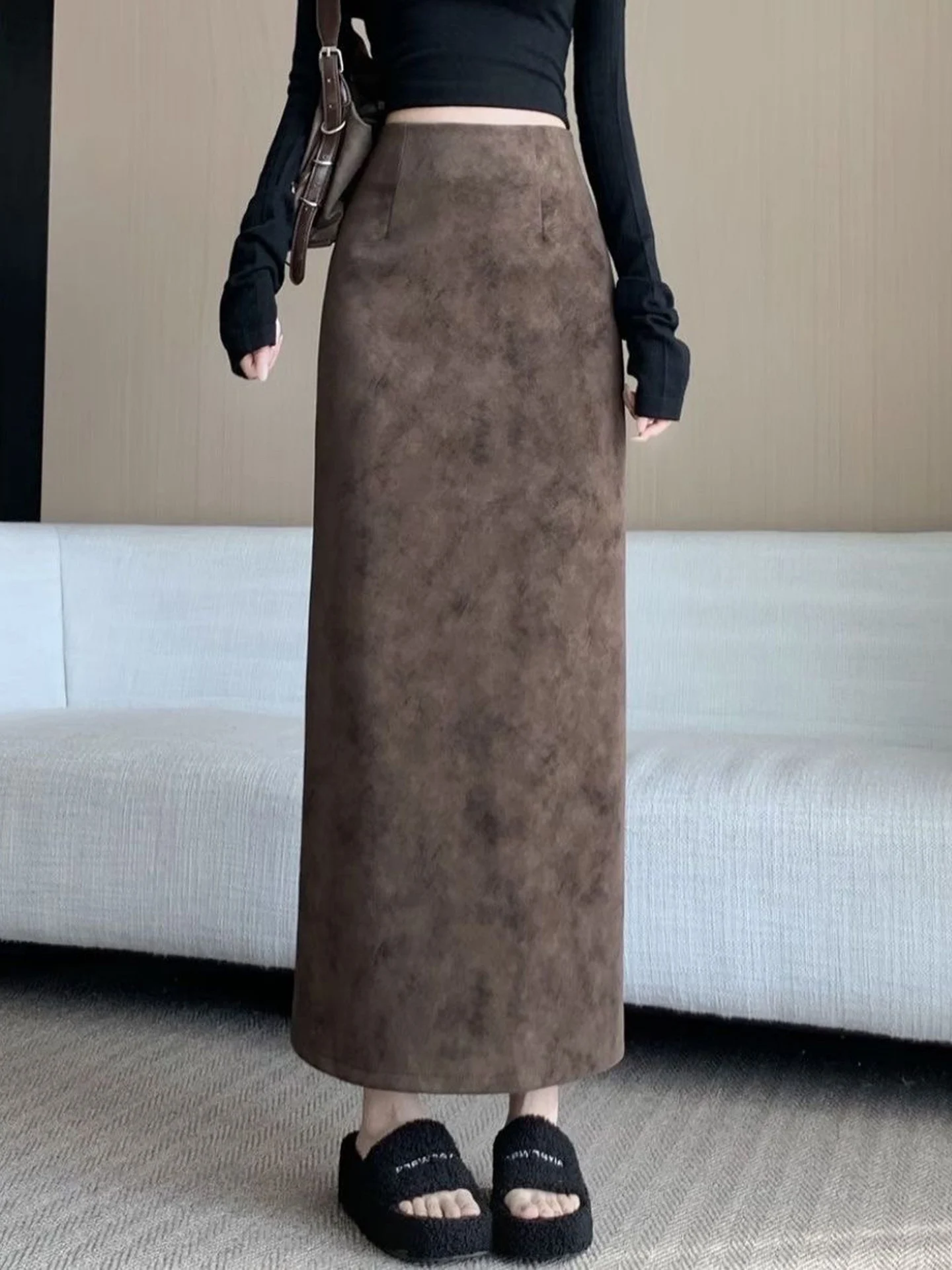 Retro Suede  Skirt High Waist Slim Fit A-Line Fashion Split Straight Tube Women's Autumn Winter New Style Coffee Color Skirt