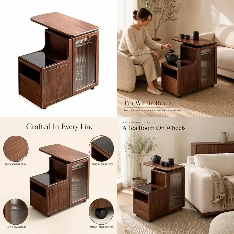 Mobile Tea Cabinet with Built-in Brewer Solid Wood Black Walnut Side Cabinet Tea Cart with Grooved Glass Door