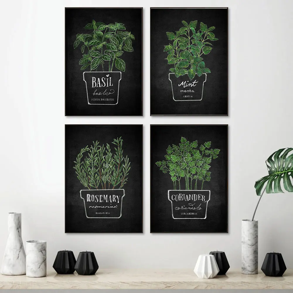 Green Potted Plants Rosemary Coriander Basil Mint Canvas Printing Blackboard Print Style Poster Wall Art Living Room Home Decor