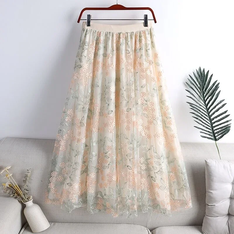 Vintage Embroidery Long Tulle Skirts Women 2024 Fashion High Waist Causal Faldas Mujer A Line Korean Style Pleated Midi Skirt