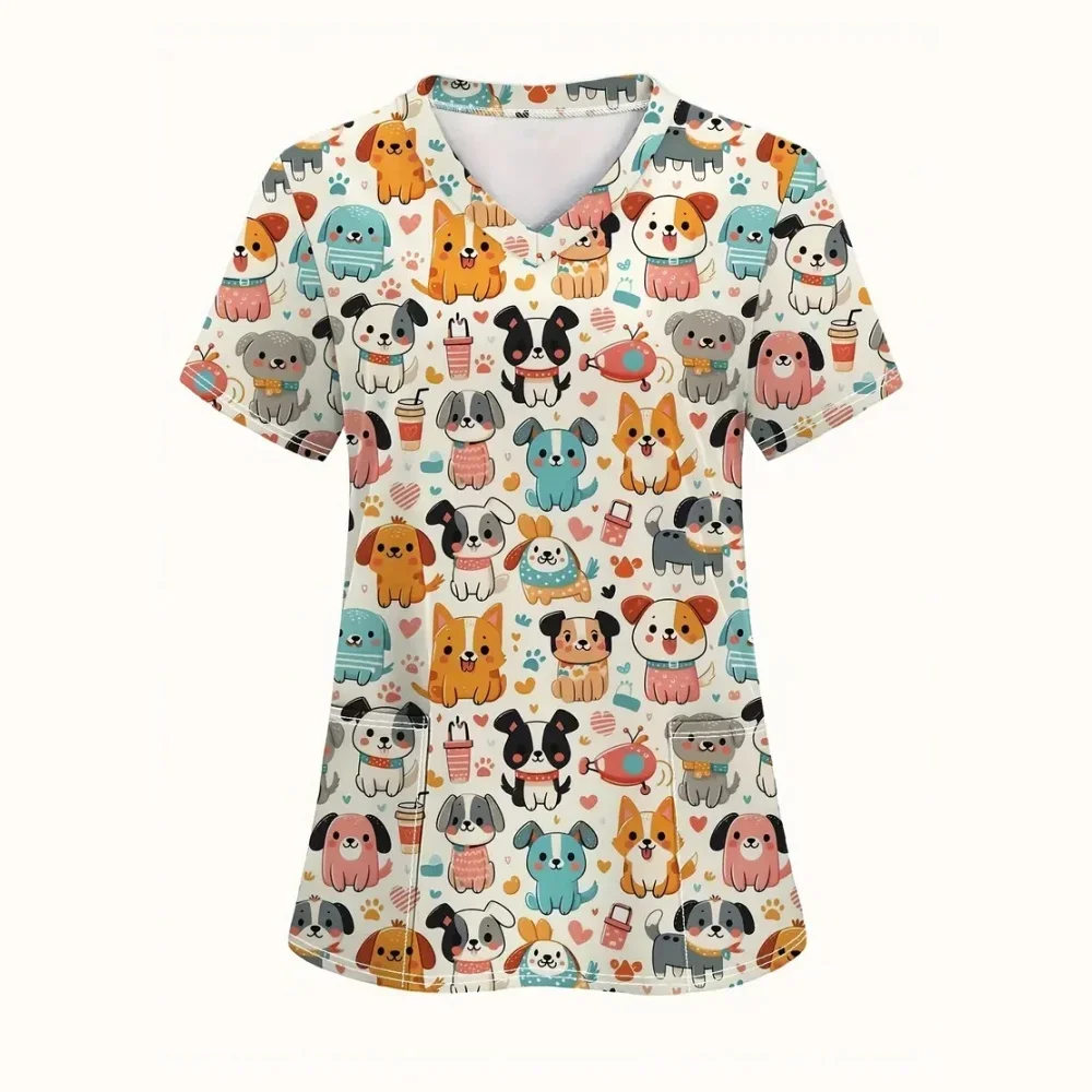 Клиническая униформа, женская модная ветеринарная форма с милым котом и мультяшным принтом, топы для кормления с карманами, летняя хирургическая униформа с короткими рукавами, женская