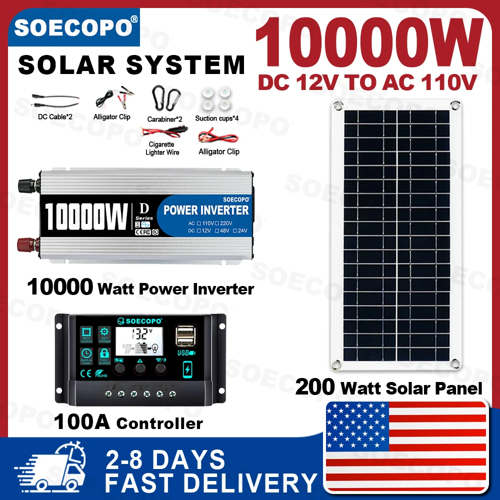 

(U.S Stock 2-8 Days)SOECOPO 10000W Solar System Kit12V To 110V 100A Controller 200W Panel Off-Grid Inverter System Home/Camping