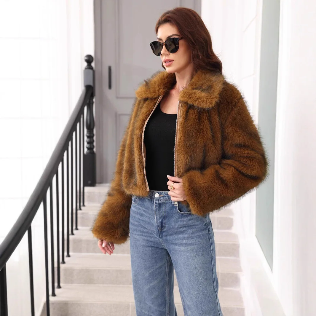 Gradiente kirckj feminino casaco de pele de raposa do falso inverno novo zíper jaqueta de pele artificial para senhora cabelo macio chique feminino casaco de pele de vison