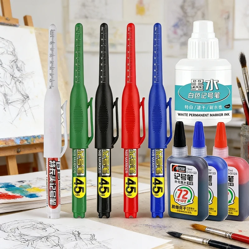Black/Blue/white Ink 45mm Waterproof Deep Hole Marker Pens Long Nib Head Carpenter Pen for Multi-Purpose Woodworking Hand Tools