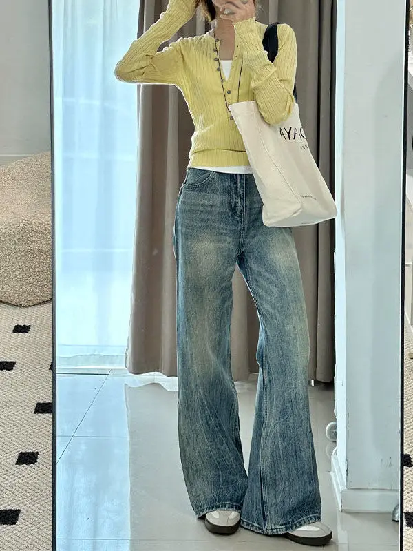 

Джинсы женские летние с высокой талией, широкими штанинами, винтажные, свободного кроя, драпированные, длиной в пол, повседневные, с расклешенным низом