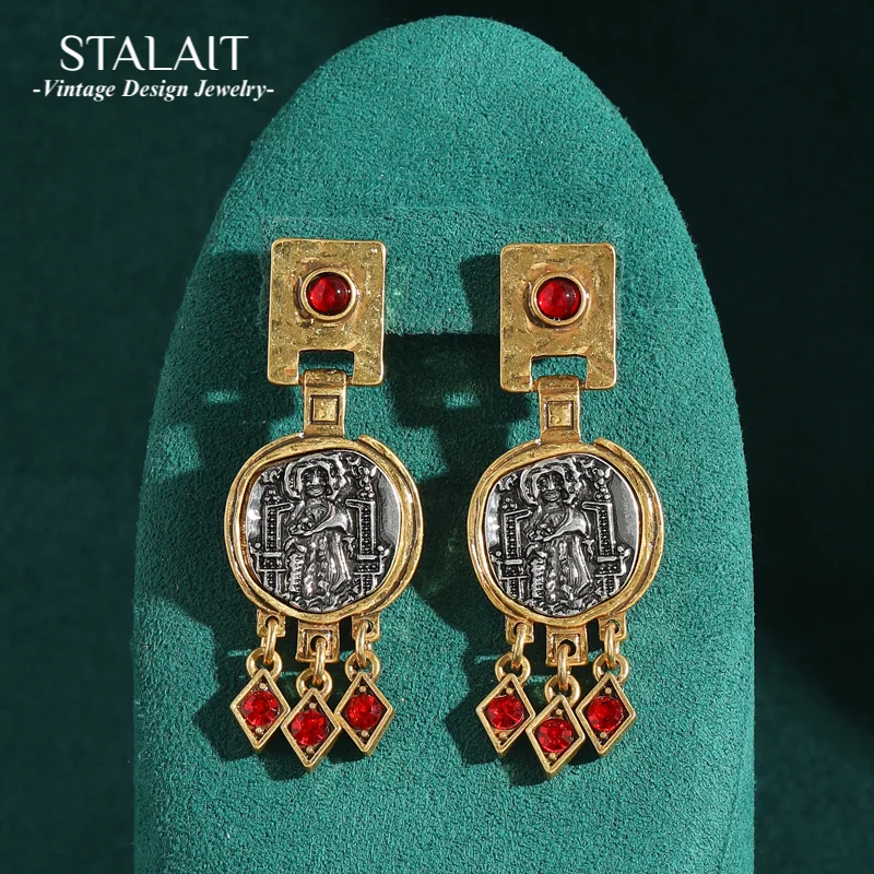 Vintage Woman Carving Head Coin Antique Red Stone Drop Dangle Earrings Jewelry Luxury Gold Color Designer Retro Accessories 2025