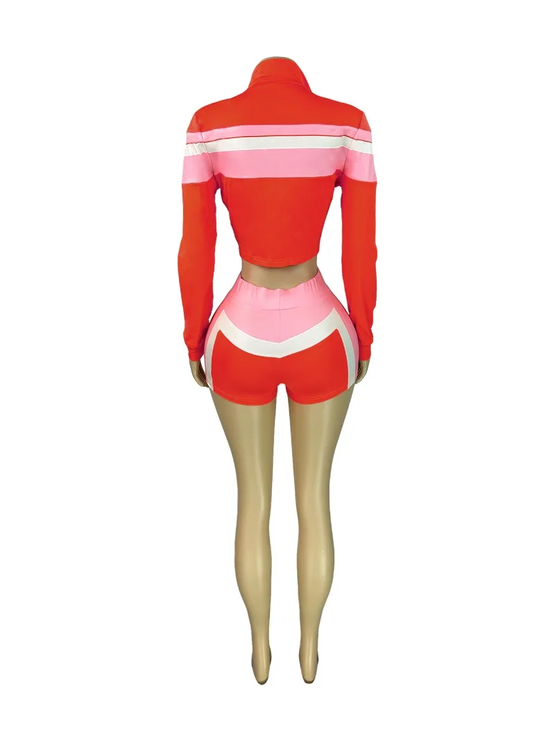 أزياء المرأة اللون المرقعة رياضية 3 قطعة مجموعة العصابة أعلى + سحاب أكمام طويلة الستر + الدانتيل يصل السراويل مطابقة الدعاوى #4