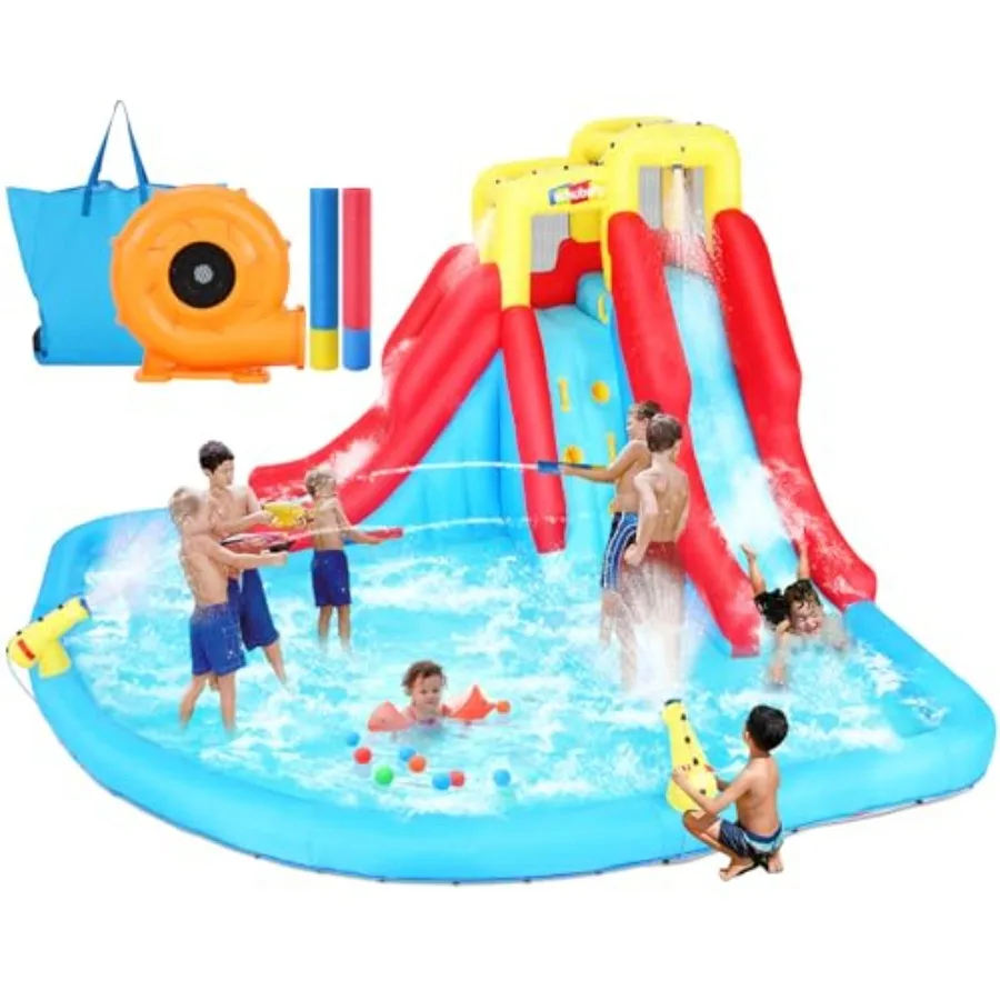 

Надувная водная горка для двора 12-в-1: надувной аквапарк с насосом 520 Вт, скалодромом, брызгалкой и 2 водными пистолетами