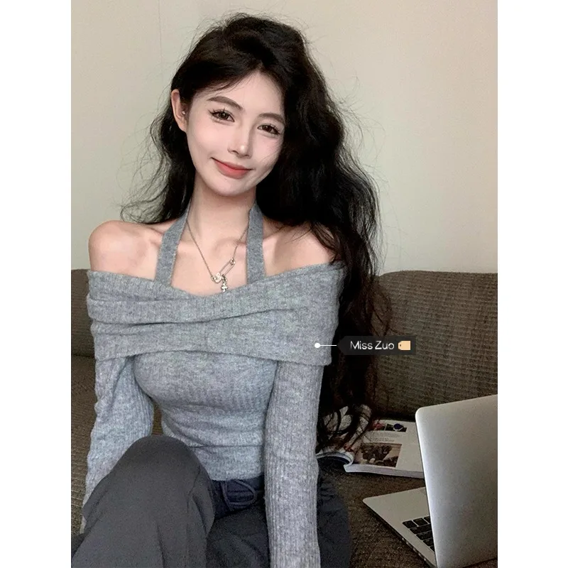 

Сексуальные вязаные пуловеры с лямкой на шее, женские осенне-зимние модные однотонные свитера с вырезом на шее, элегантные универсальные трендовые трикотажные топы