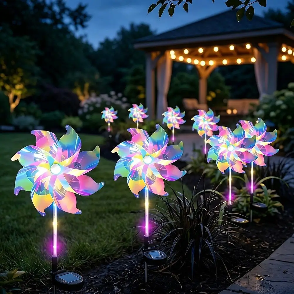 Waterproof Solar Windmill Light LED Light Source Color Changing Garden Stake Light Solar Powered Windmill Stake Light