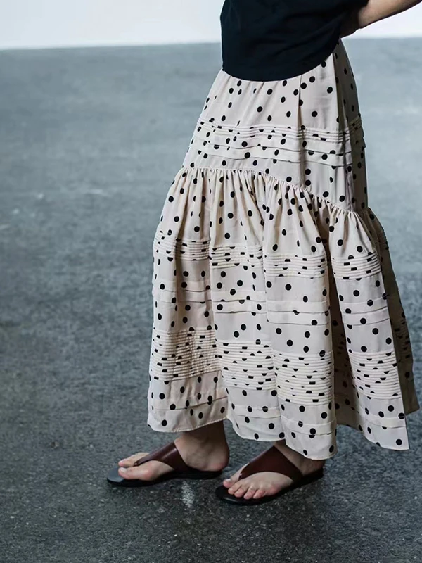 

Early Autumn Hong Kong Sle Cake Skirt Polka Dot Print Pleated f Skirt Loose Fit High Waist Long Skirt Polyester Fiber