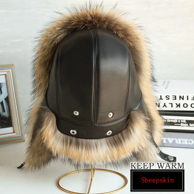 100%Genuine Leather Real Fur Hat for Women Natural Silver Fox Fur Russian Ushanka Hats Winter Thick Warm Ears Fashion Bomber Cap