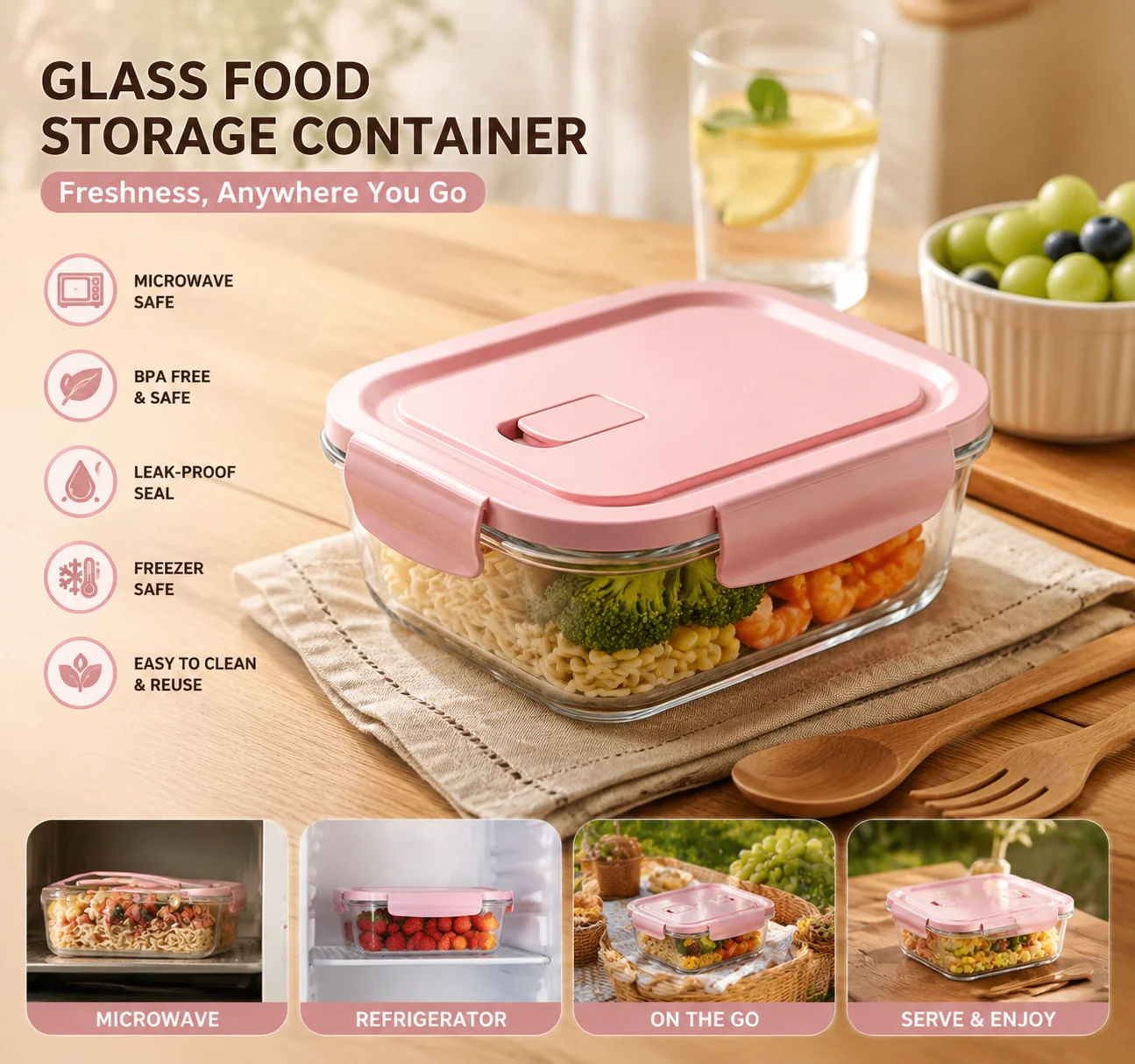 High Borosilicate Glass Food Storage Container Pink Lid Leakproof Lunch Box Microwave Safe Meal Prep Bento Box for Office Home