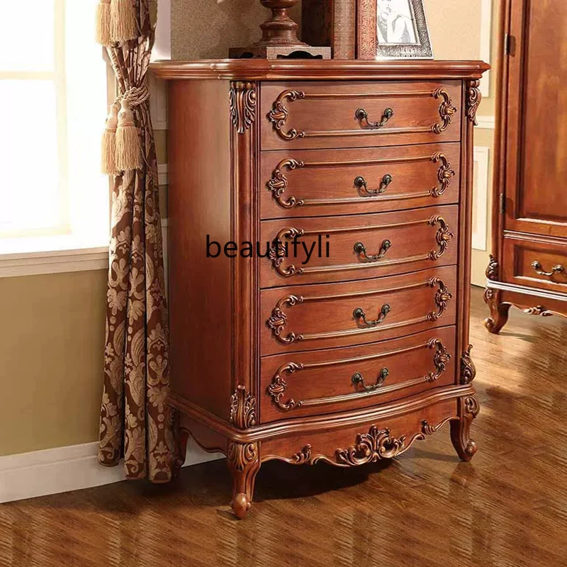 American-Style Solid Wood Chest of Drawers Light Luxury Living Room Large Side Cabinet European-Style Home Wall Storage Cabinet