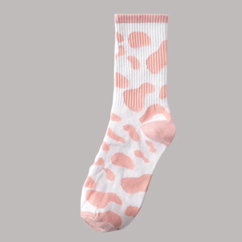 3/6 Pairs Pink College Style Japanese Korean High-tube Black and White Cotton Women's Socks ins Trendy Cow Spots Mid-tube Socks