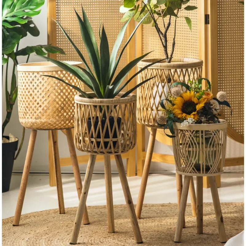 Support de fleurs en rotin pour salon, étagère de rangement multifonctionnelle, pied haut T1 pour plantes, jardinage d'intérieur pratique