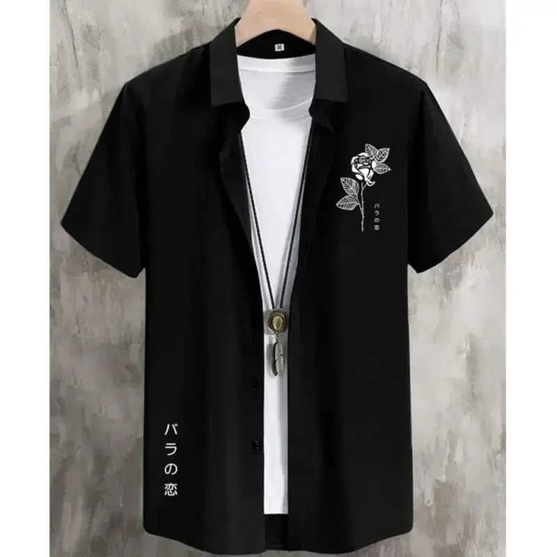 Men Japanese Shirt Short Sleeve Cherry Blossom Rose Floral Minimalist Casual Summer Loose Novelty New Trendy Cool Fashion Vibes