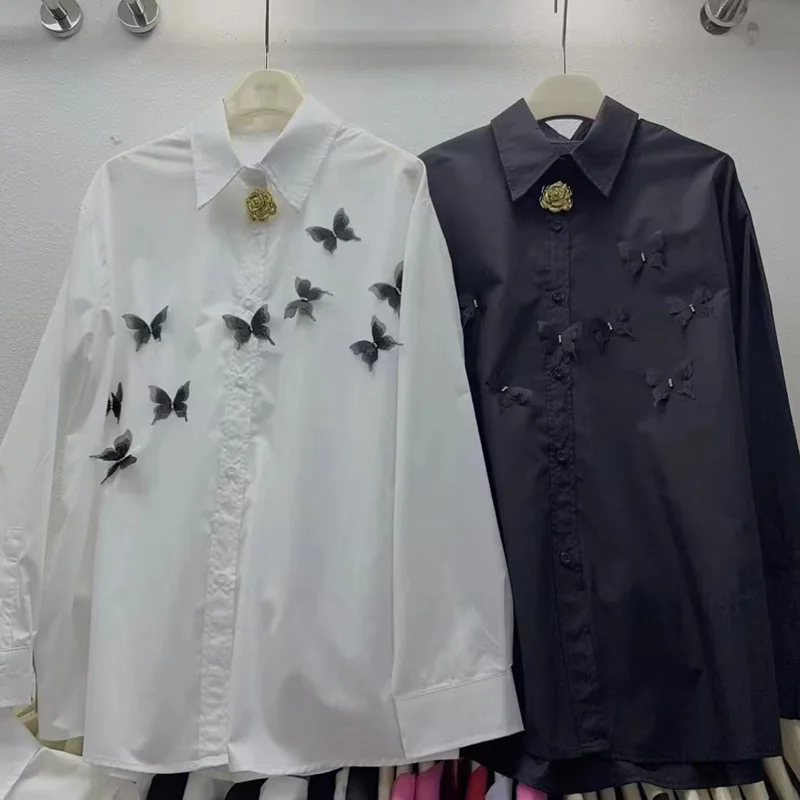 

SuperAen 2024 Autumn Niche Design Butterfly Bow Heavy Industry Loose Shirt for Women