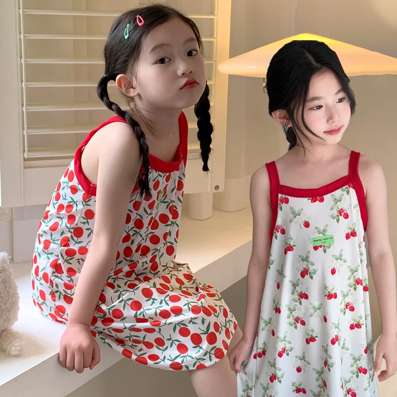 Girls Nightdress Summer Toddler Girl Nightgown 2 3 5 6 7 8 9 10 11 12 13 14 Years Vest Night Dress Cute Pink Cherry Pajama Dress