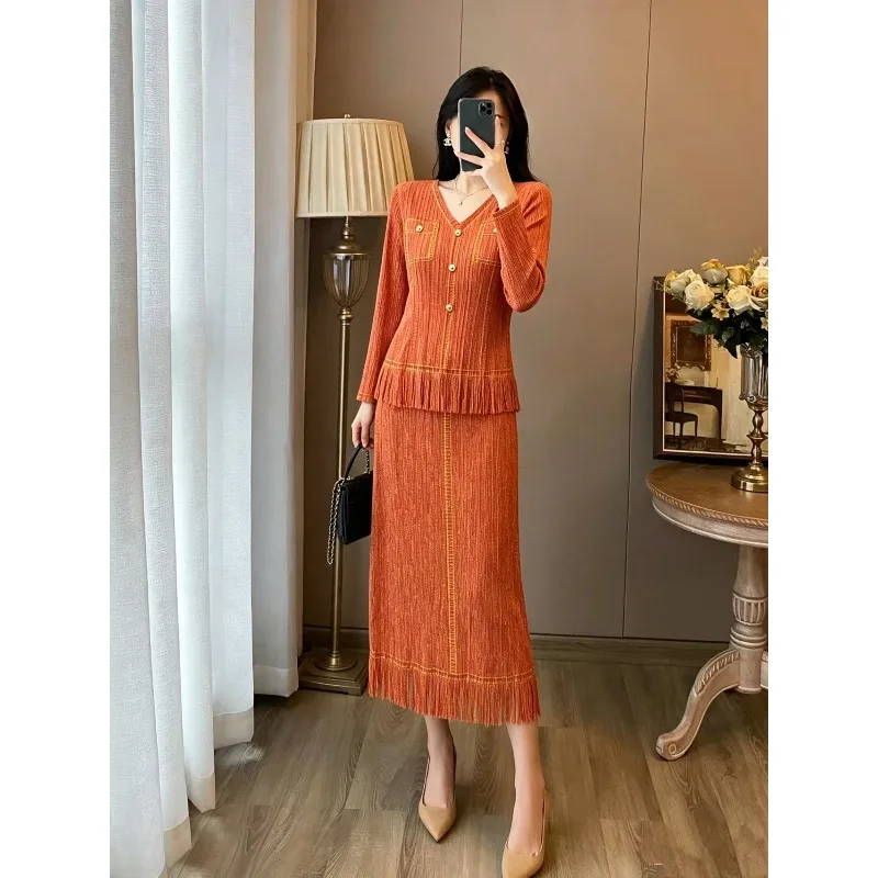 Miyake Pleated Skirt Set Plisse Women 2026 Autumn New V-neck Tassel Buckle Long Sleeve Top+Tassel Skirt Pleats Two-piece Set