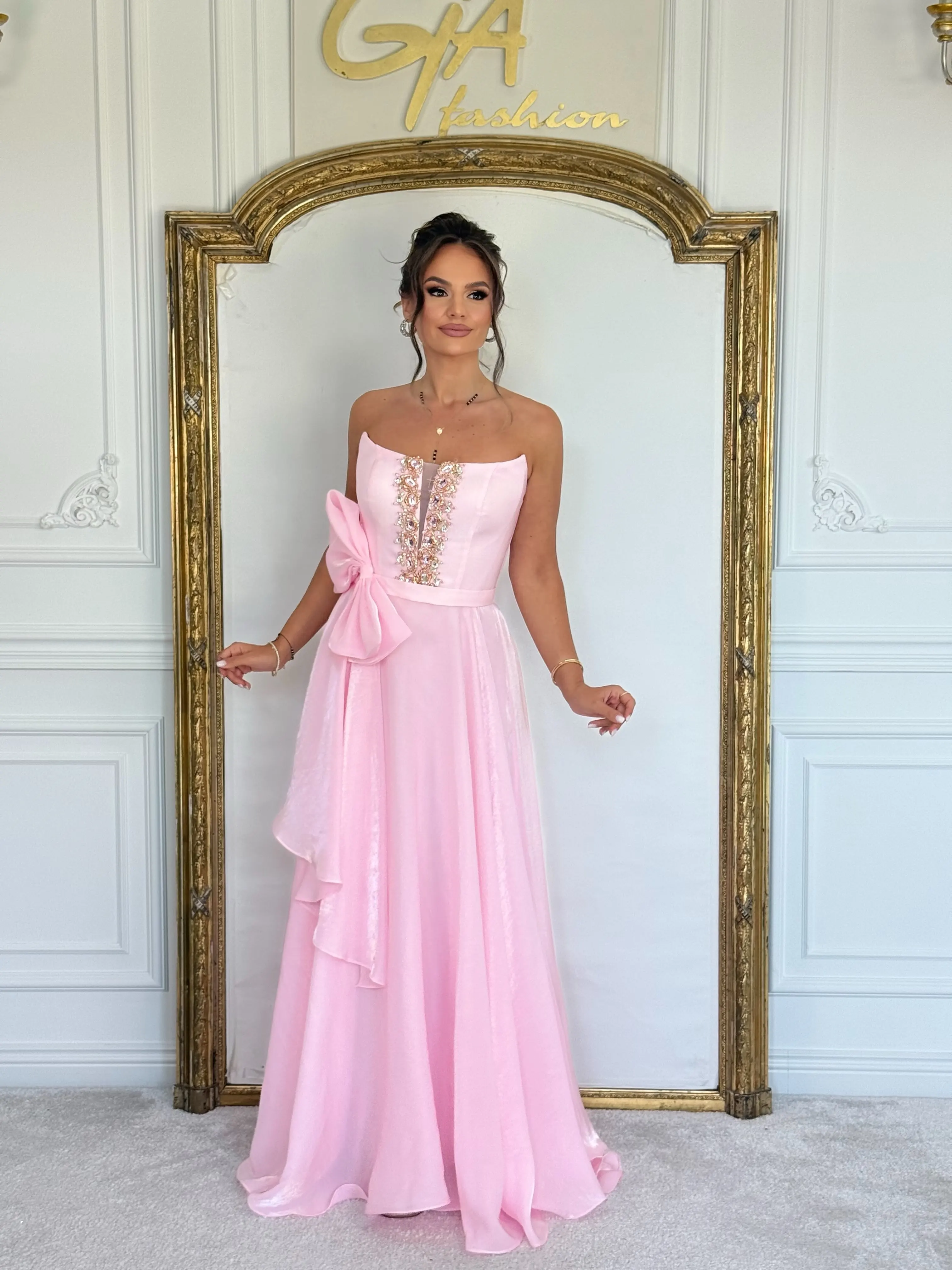 Customized Elegant Pink Strapless Evening Dresses Chest with Beads Rhinestones Bow Lace Up Back Floor Length Modern Prom Gowns