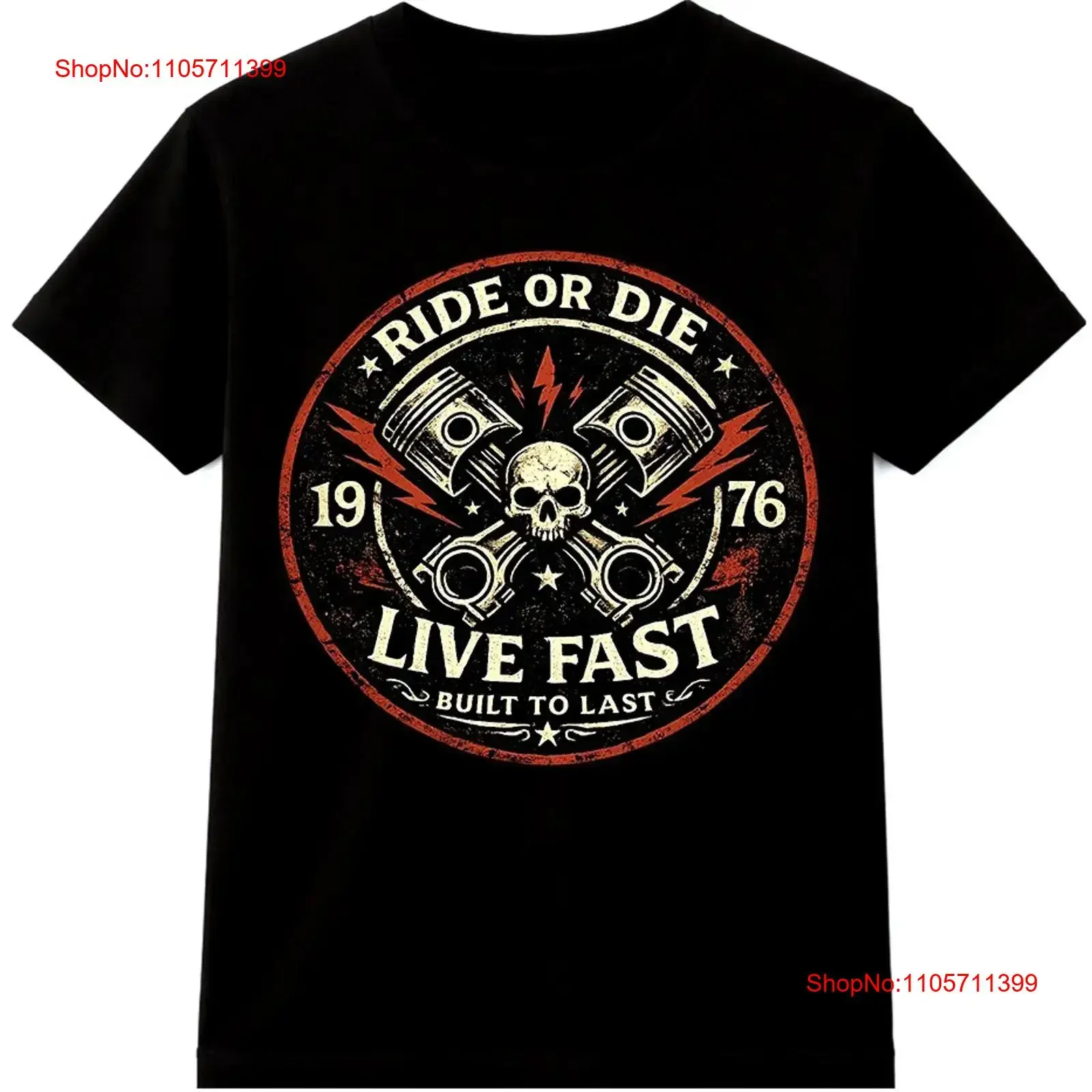 Biker T Shirt Ride Or Die Live Fast Skull Pistons Garage Vintage long short sleeves vintage Washed streetwear Unisex homme