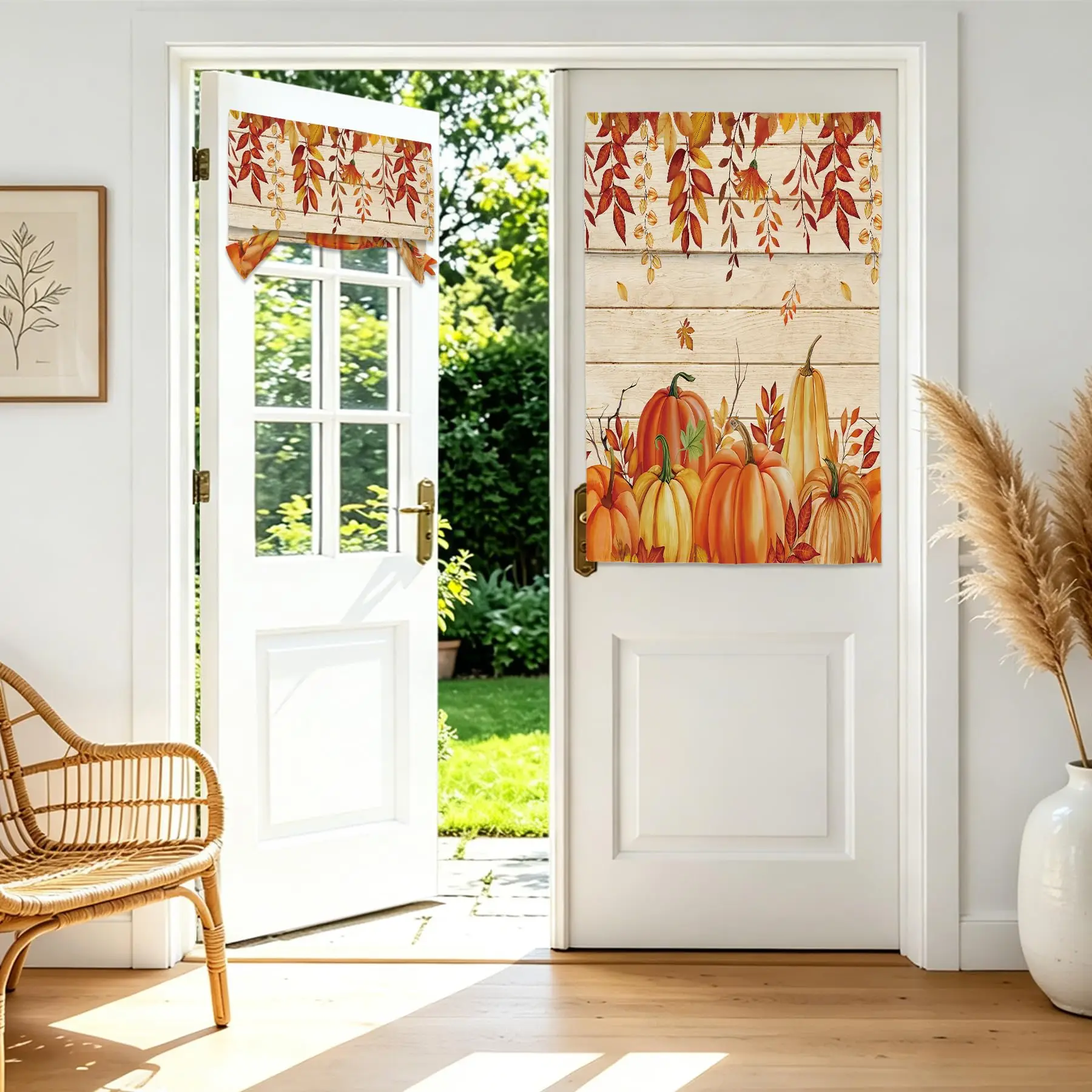 Fall Maple Leaves French Door Curtain 1 Panel, Light Filtering Thanksgiving Autumn Pumpkin Pattern Privacy for Front Door