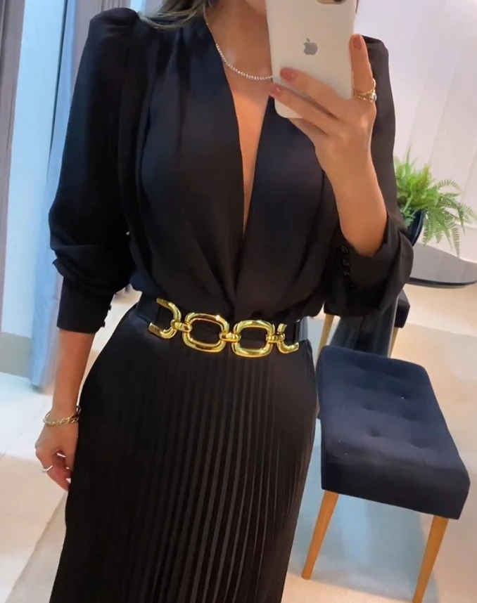 Elegancka sukienka damska 2024 Wiosna Lato Najnowsza Casual Plunge Puff Sleeve Plisowana satynowa sukienka midi Praca Długi rękaw Długa spódnica