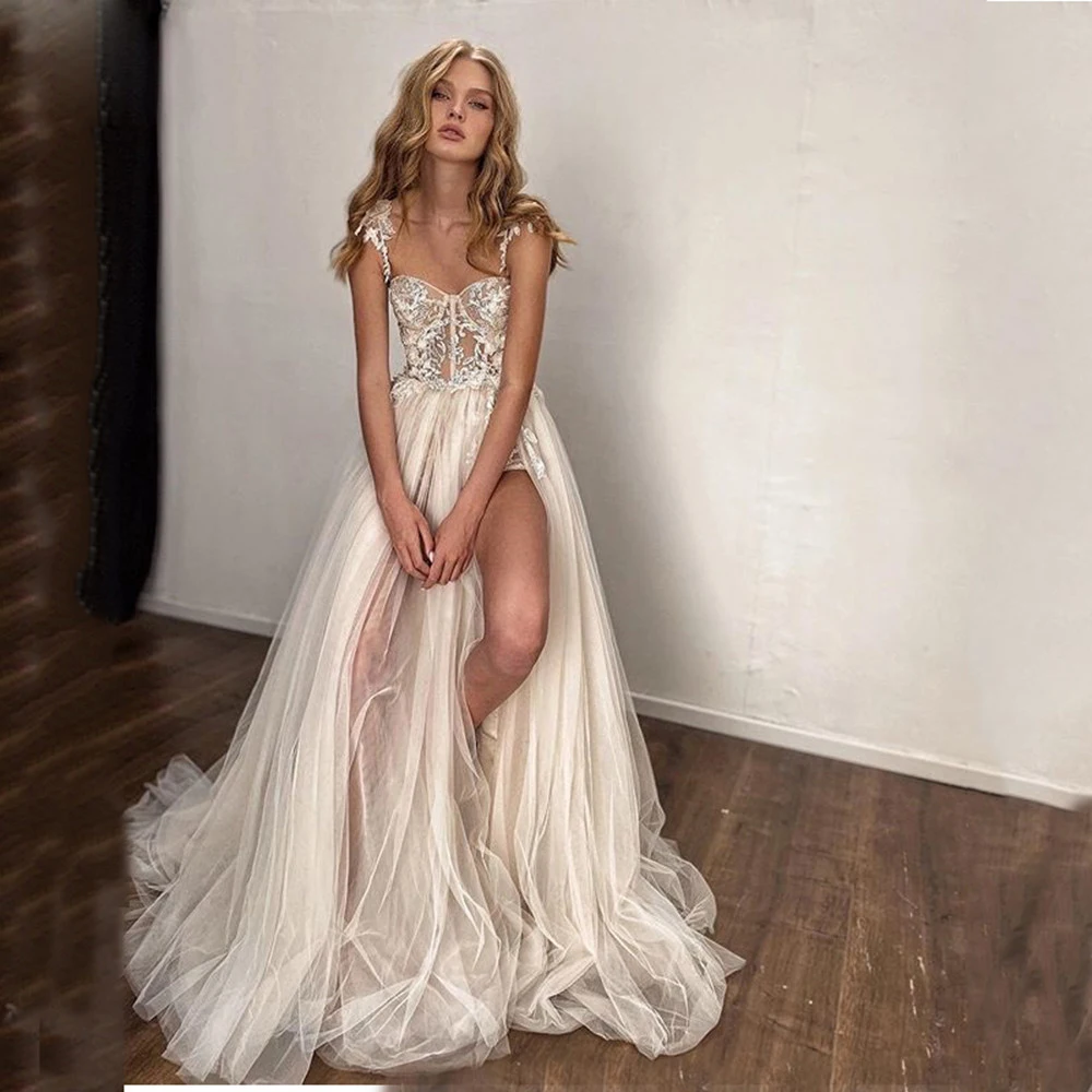 DREAM-vestidos de novia con Apliques de encaje personalizados, vestidos de novia con abertura lateral y espalda descubierta para playa, tirantes finos, corte en A, 2025