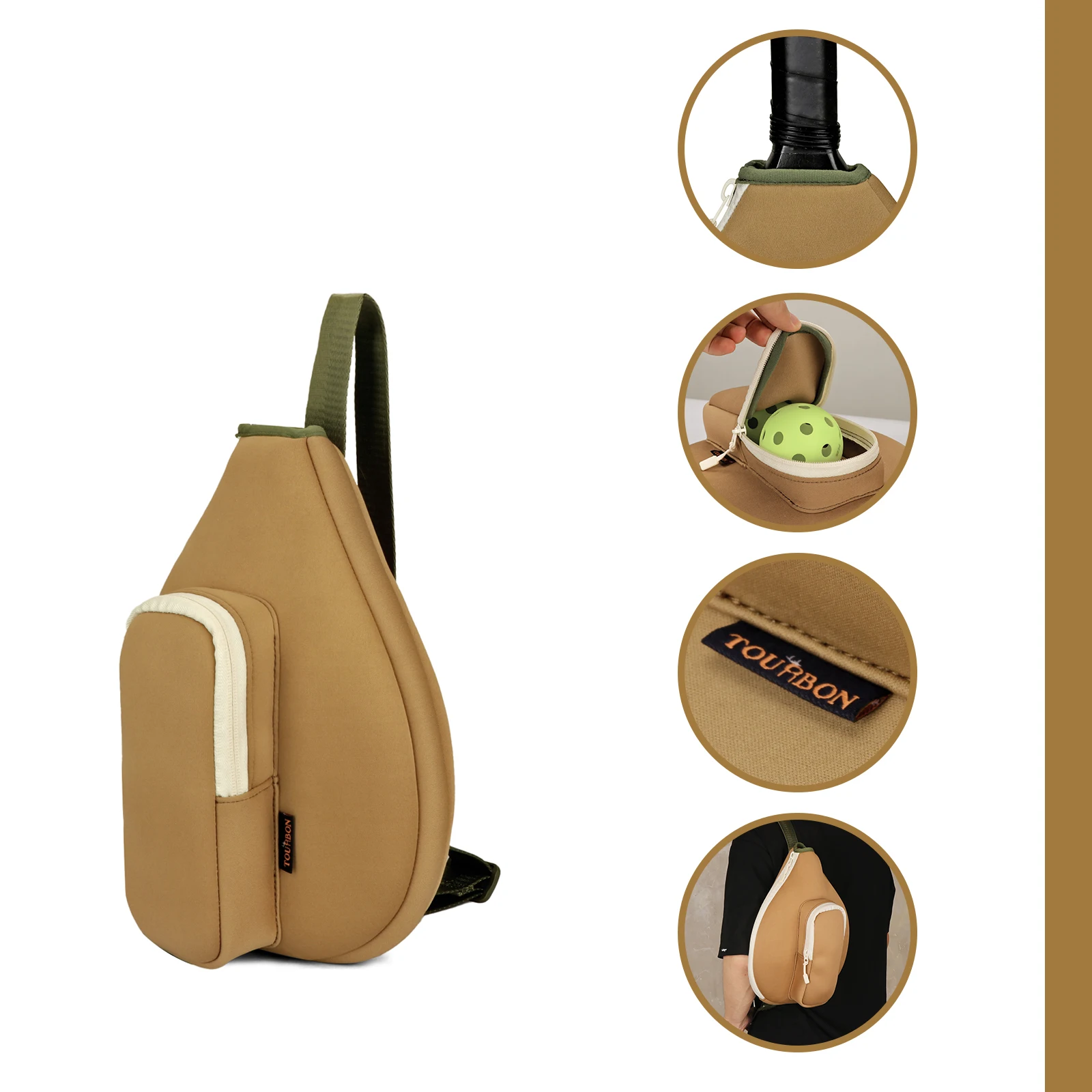 Tourbon Pickleball Paddle Shoulder Bag Sports Padel Racket Crossbody Bag Neoprene Light Weight Adjustable Strap Khaki Outdoors