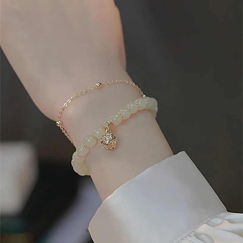 

Exquisite Hotan Jade 6MM Bracelet Female Bell Pendant String Gift for Girlfriend Gift Mother's Day Gift Christmas Gift