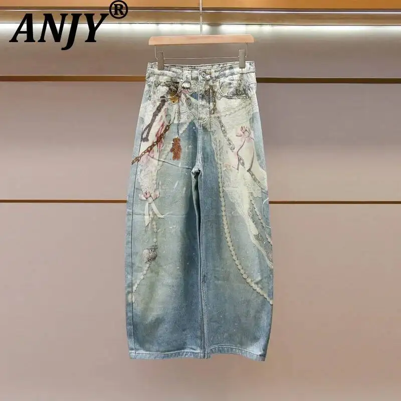 ANJY Spring Autumn Women High-End Korean Style Trend Design Digital Printed Distressed Jeans Stylish Straight Denim Pants A26422