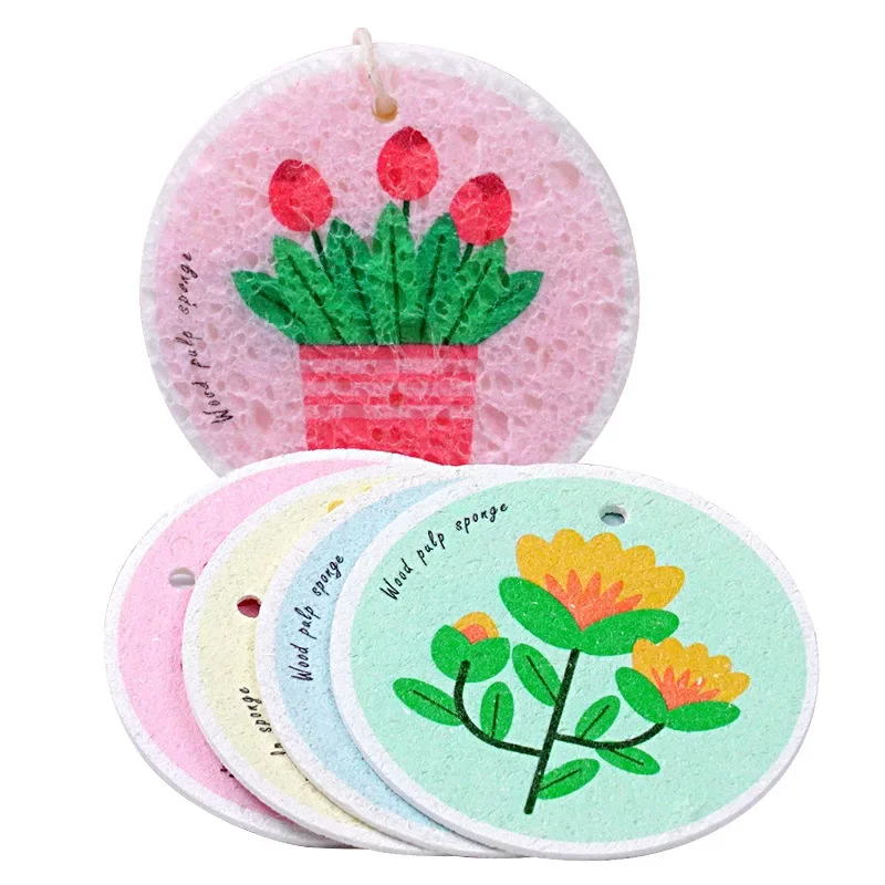 3PCS Wood pulp sponge dish towel Kitchen cleaning sponge cloth Round flower compression dish towel