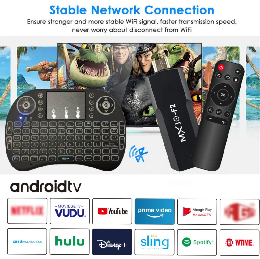 TV Stick MX10 F2 con Fly Air Mouse Control remoto Allwinner RK3228A Bluetooth 2,4G retroiluminación colorida Mini teclado inalámbrico