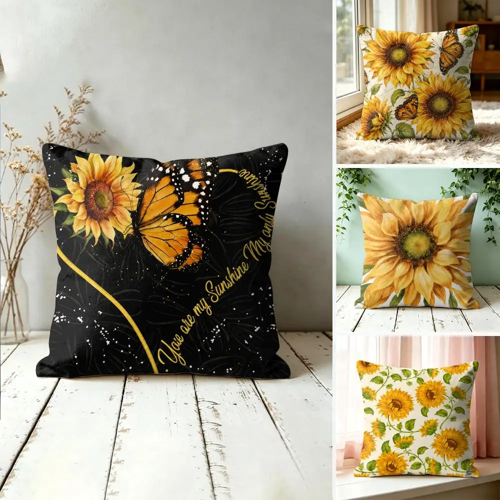 Golden Sunflower Bloom Cushion Cover Silky Short Plush Invisible Zipper Dustproof Sofa Pillow Case For Home Decor