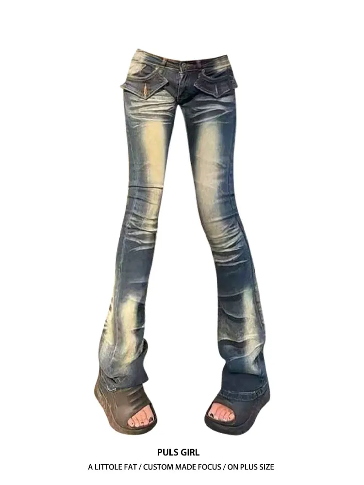 

Женские джинсы-клеш с низкой талией, ретро-стиль, с эффектом потертости и вышивкой, американский стиль, повседневные, облегающие, длинные брюки