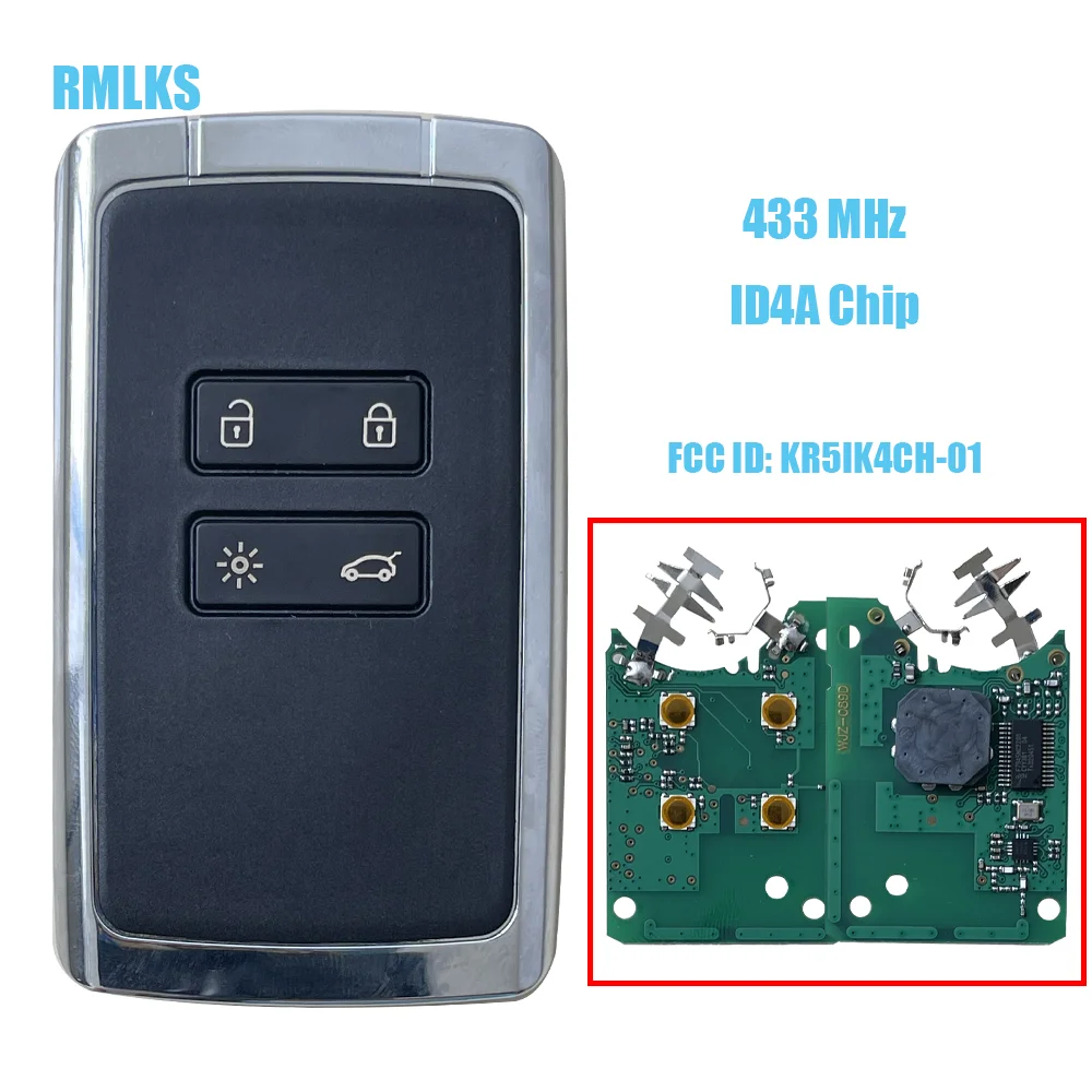 

Smart Remote Key Keyless Go 434mhz Hitag AES 4A Chip For Renault Megane 4 Talisman Espace 5 Kadjar Koleo 2015 FCC ID:KR5IK4CH-01