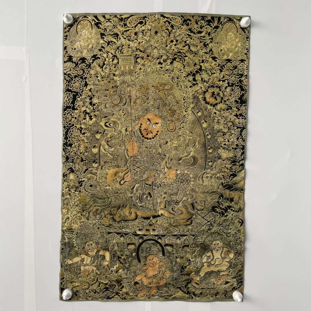 

35"Thangka Embroidery Tibetan Buddhism silk Embroidery Vaisravana Treasure King Buddha Thangka Worship Hall Town house