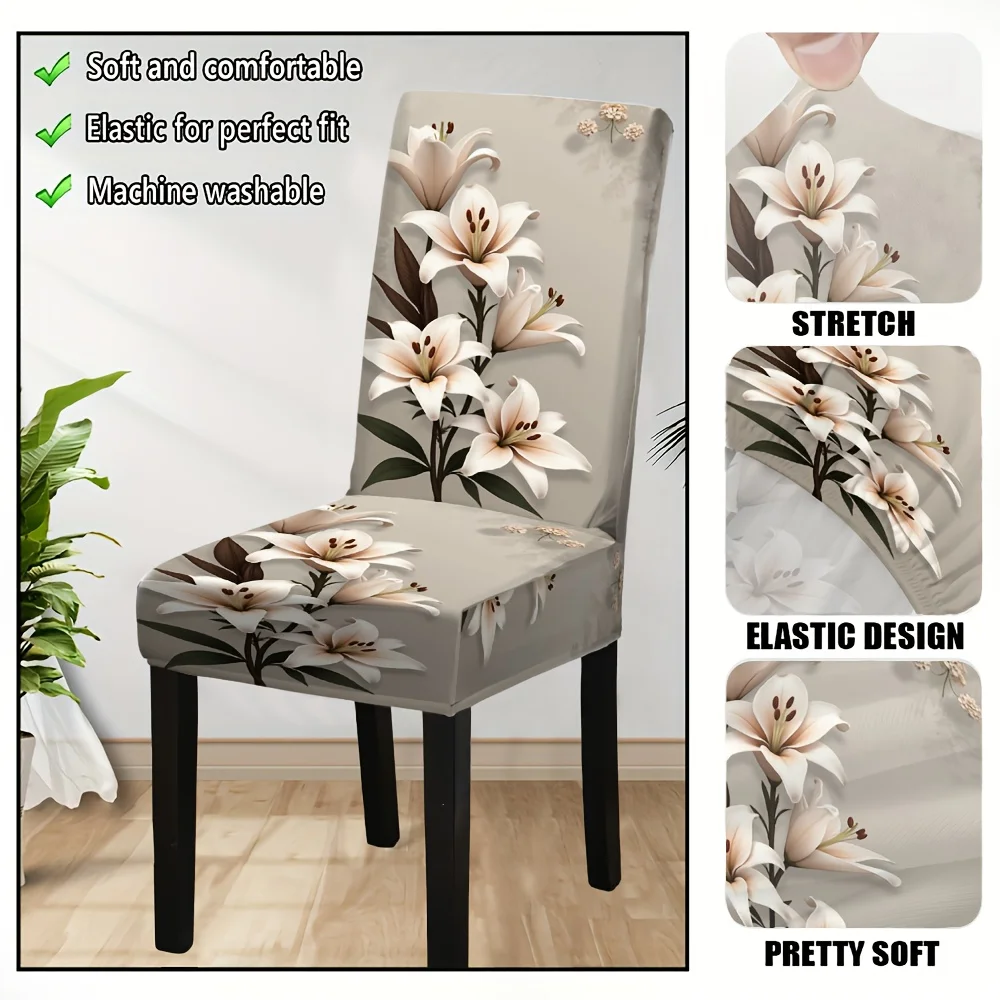 2/4/6pcs Lily Floral Print Stretch Dining Chair Cover, Elastic Removable Slipcover for Kitchen