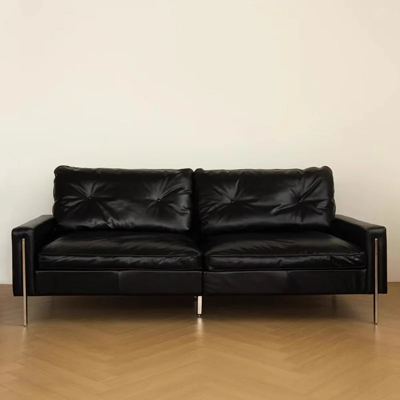 

Medieval Bauhaus light luxury cat scratching sofa small apartment designer black retro down leather art three-person sofa