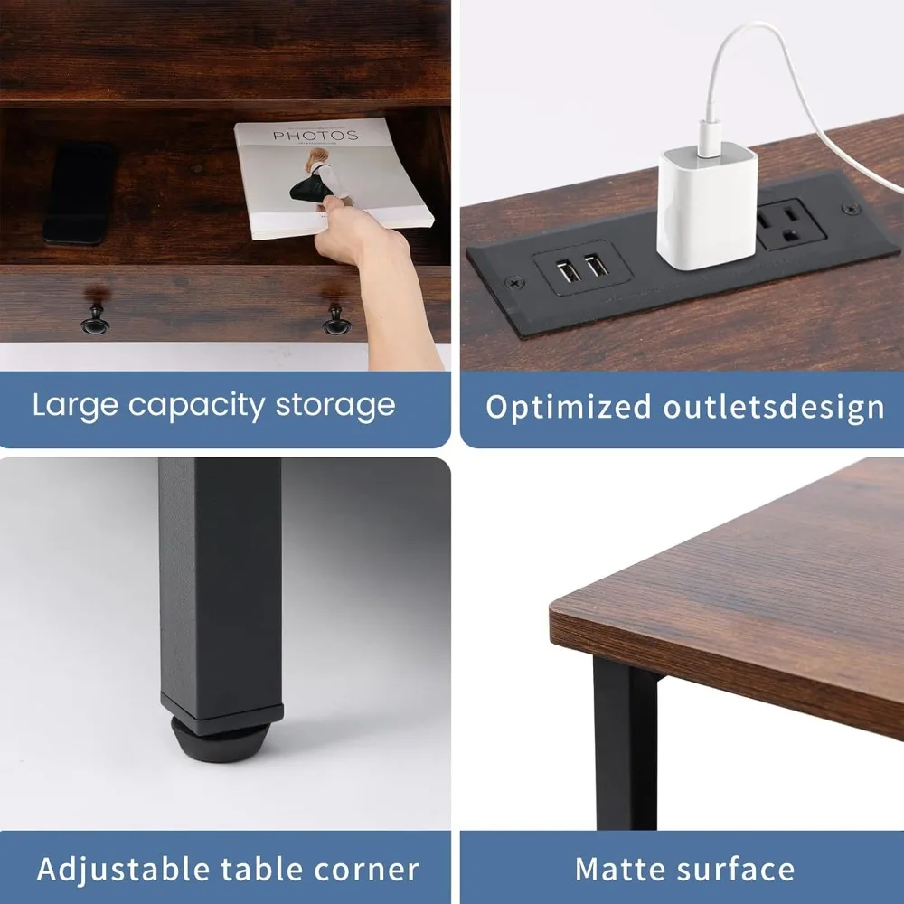 27-Zoll breiter Nachttisch aus Holz mit Ladestation und verstellbaren Schubladen für kleine Kommoden im Schrank