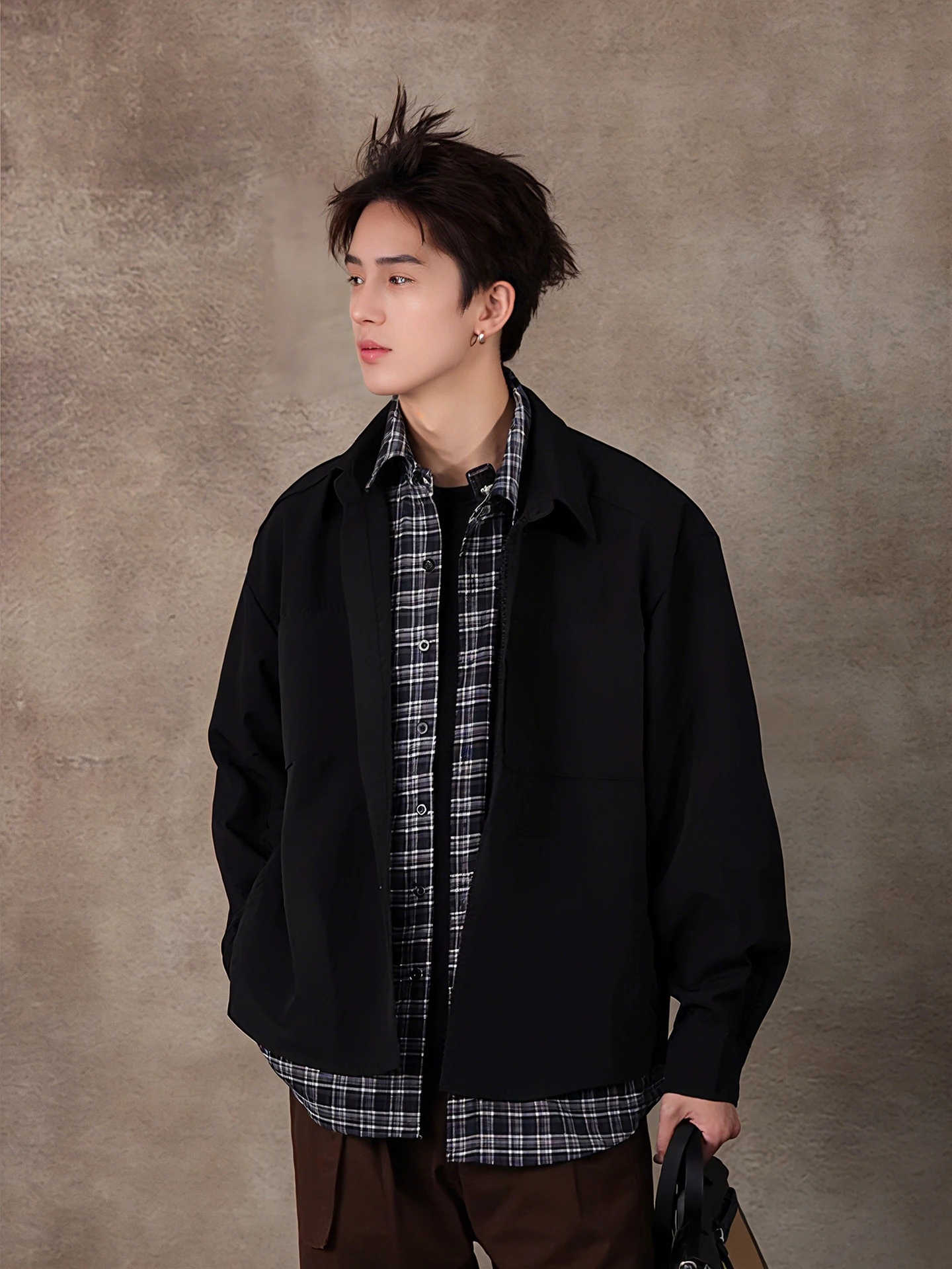 

Bla Plaid Long Sve irt Men's Autumn High Sensation Fake Two-Piece irt Inner Wear Layering Cardigan Coat