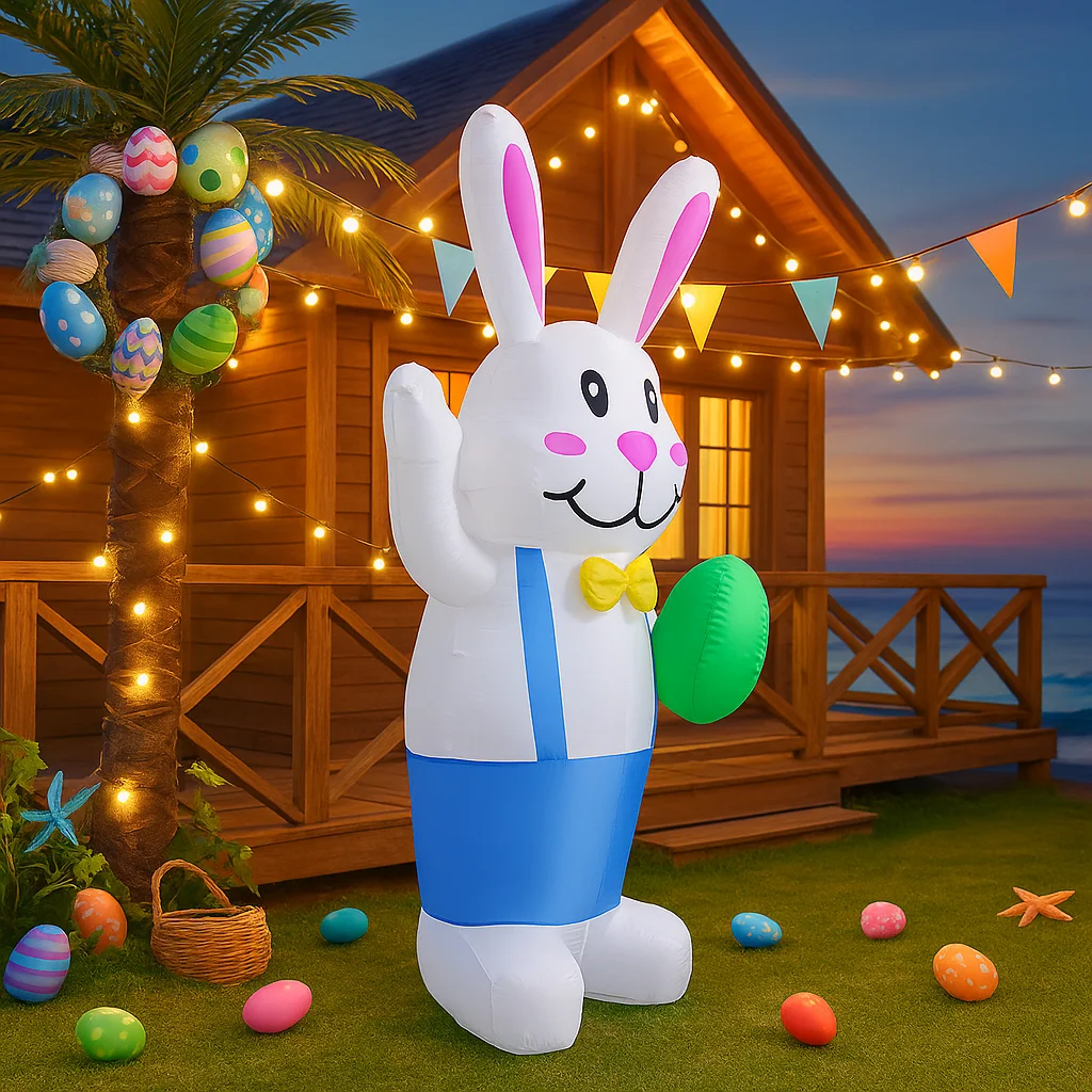 

6FT Easter Festive Inflatable Rabbit Carry An Egg Decor Built-in LED Light Airblown Party Yard Decor Supplie Easter Inflatable